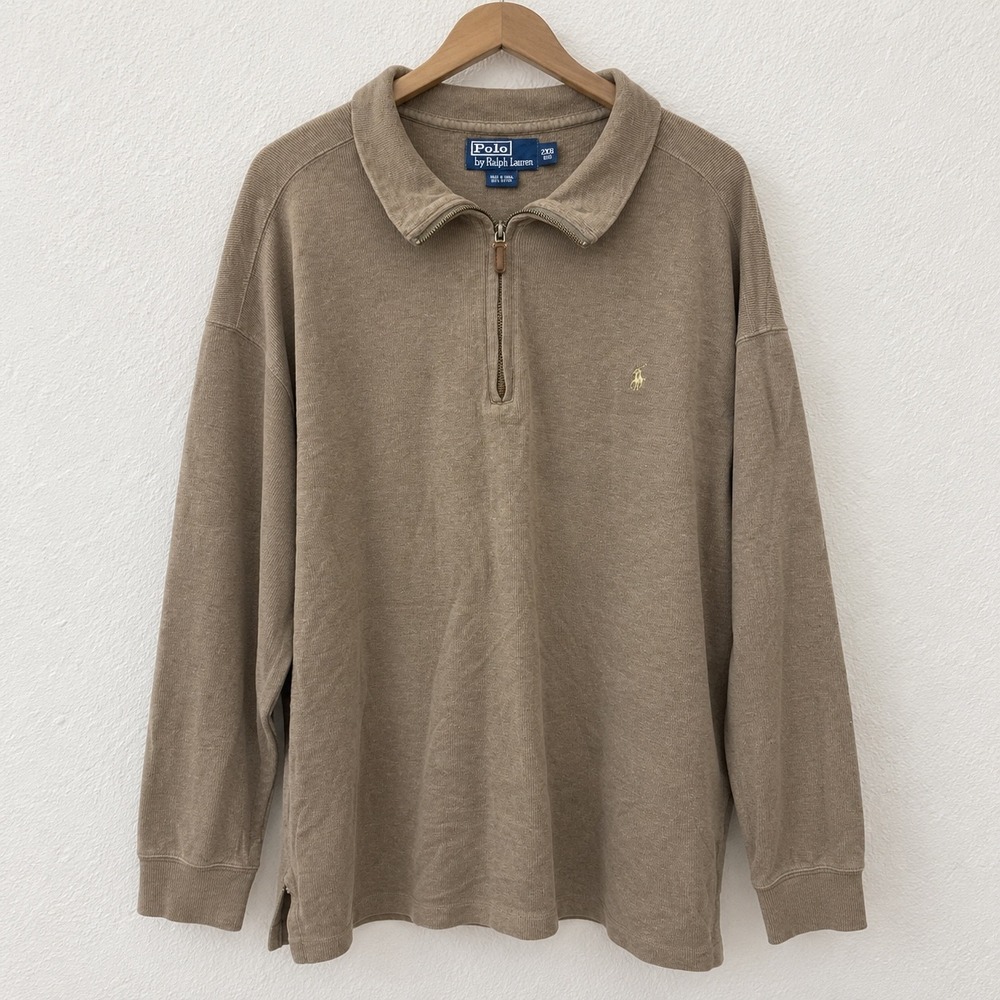 Polo Ralph Lauren 2XB Big Mens Brown 1/4 Zip Pullover Cotton Sweater Tan